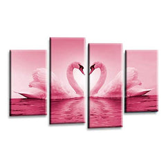 LR Love Heart Swans Wall Art Picture – Pink, Cream & White Framed 4 Panel Split Canvas Print | Ready to Hang | Modern Wall Art for Living Room, Bedroom & Office