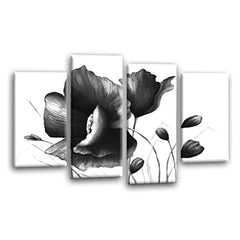 LR Grey Floral Wall Art Picture – Black & White Framed 4 Panel Split Canvas Print | Ready to Hang | Modern Wall Art for Living Room, Bedroom & Office