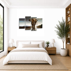 LR Elephant Sunset Wall Art Picture – Grey & Brown African Framed 4 Panel Split Canvas Print | Ready to Hang | Modern Wall Art for Living Room, Bedroom & Office