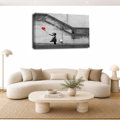 LR Banksy Balloon Girl Wall Art Picture – Grey & Red Graffiti Art Framed Canvas Print | Ready to Hang | Modern Wall Art for Living Room, Bedroom & Office