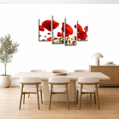 LR Floral Rose Poppy Wall Art Picture – Red & White Framed 4 Panel Split Canvas Print | Ready to Hang | Modern Wall Art for Living Room, Bedroom & Office