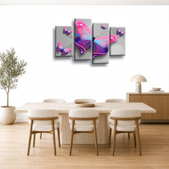 LR Butterfly Heart Wall Art Picture – Grey & Pink Floral Abstract Framed 4 Panel Split Canvas Print | Ready to Hang | Modern Wall Art for Living Room, Bedroom & Office