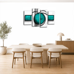 LR Abstract Wall Art Picture – Teal & White Modern Framed 4 Panel Split Canvas Print | Ready to Hang | Modern Wall Art for Living Room, Bedroom & Office