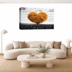 LR Floral Love Heart Tree Wall Art Picture – Grey & Orange Framed Canvas Print | Ready to Hang | Modern Wall Art for Living Room, Bedroom & Office