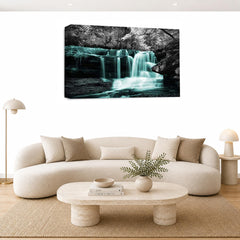 LR Teal Waterfall Wall Art Picture – Grey & White Forest Framed Canvas Print | Ready to Hang | Modern Wall Art for Living Room, Bedroom & Office