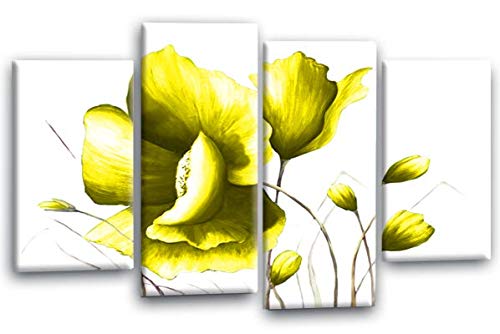 LR Floral Yellow Rose Wall Art Picture – White Framed 4 Panel Split Canvas Print | Ready to Hang | Modern Wall Art for Living Room, Bedroom & Office