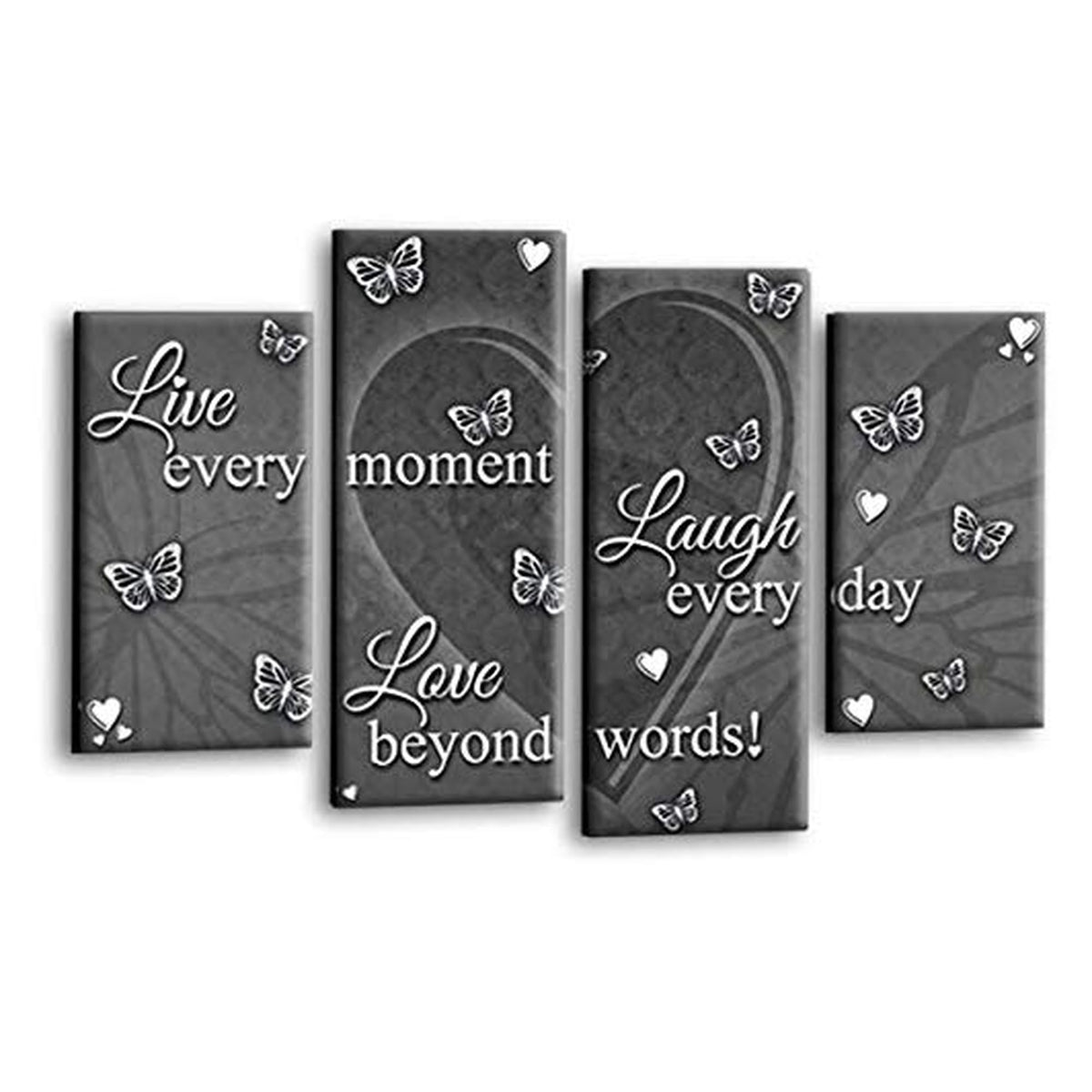 LR Love Laugh Quote Wall Art Picture – Grey & White Canvas Wall Art Framed 4 Panel Split Canvas Print | Ready to Hang | Modern Wall Art for Living Room, Bedroom & Office