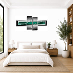 LR Abstract Wall Art Picture – Green, Black & White Modern Framed 4 Panel Split Canvas Print | Ready to Hang | Modern Wall Art for Living Room, Bedroom & Office