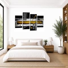 LR Black White Abstract Wall Art Picture – Yellow & Modern Framed 4 Panel Split Canvas Print | Ready to Hang | Modern Wall Art for Living Room, Bedroom & Office