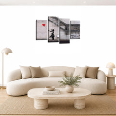 LR Banksy Heart Wall Art Picture – Grey & Red Graffiti Art Framed 4 Panel Split Canvas Print | Ready to Hang | Modern Wall Art for Living Room, Bedroom & Office