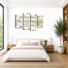 LR Family Quote Wall Art Picture – Grey, Gold & White Love Framed 4 Panel Split Canvas Print | Ready to Hang | Modern Wall Art for Living Room, Bedroom & Office