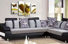 LR Butterfly Heart Wall Art Picture – White & Mustard Floral Abstract Framed 4 Panel Split Canvas Print | Ready to Hang | Modern Wall Art for Living Room, Bedroom & Office