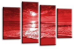 LR Sunset Beach Canvas Art Picture Red Cream Seascape Love Home Split Wall Panel Print