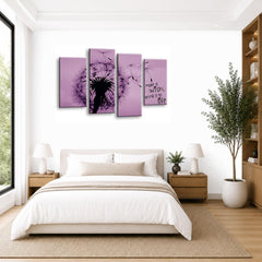 LR Abstract Floral Wall Art Picture – Purple & Grey Framed 4 Panel Split Canvas Print | Ready to Hang | Modern Wall Art for Living Room, Bedroom & Office