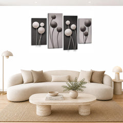 LR Grey Floral Rose Wall Art Picture Framed 4 Panel Split Canvas Print | Ready to Hang | Modern Wall Art for Living Room, Bedroom & Office