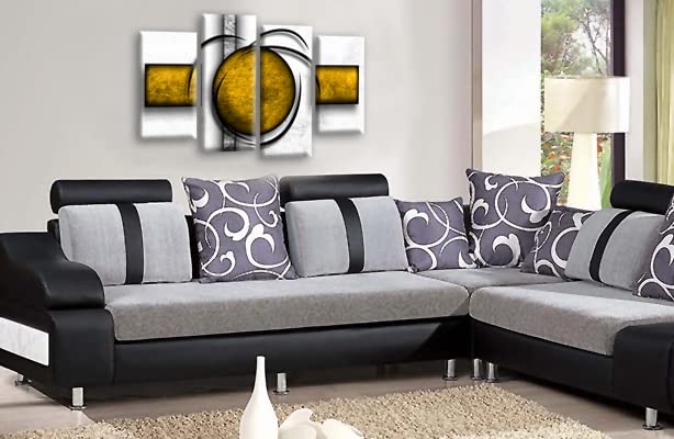 LR Abstract Wall Art Print Yellow White Stripes Circles Framed Split Canvas Picture Ready to Hang