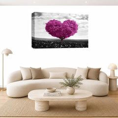 LR Floral Love Heart Tree Wall Art Picture – Purple, Grey & Plum Framed Canvas Print | Ready to Hang | Modern Wall Art for Living Room, Bedroom & Office