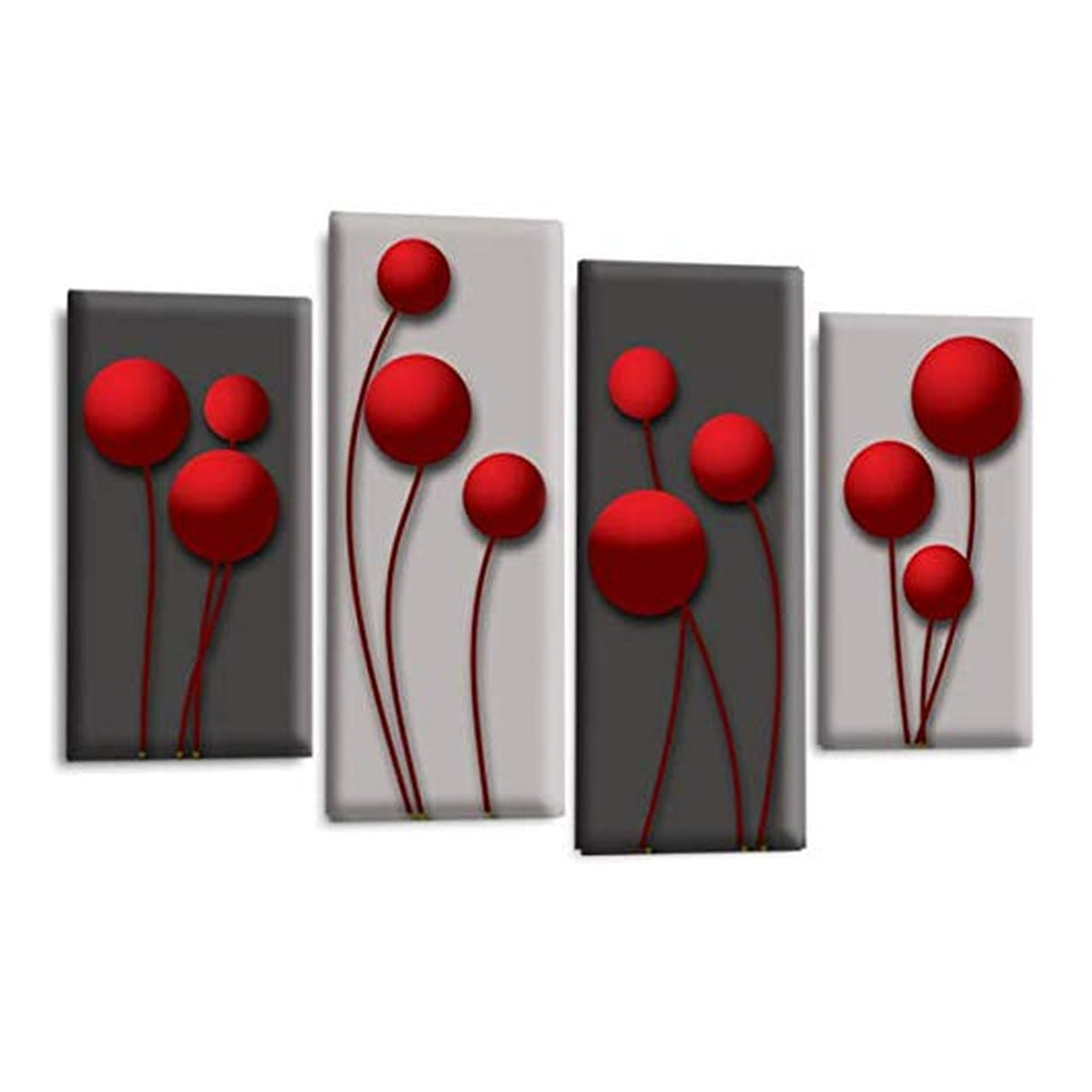 LR Red Floral Rose Wall Art Picture – Grey Framed 4 Panel Split Canvas Print | Ready to Hang | Modern Wall Art for Living Room, Bedroom & Office