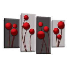LR Red Floral Rose Wall Art Picture – Grey Framed 4 Panel Split Canvas Print | Ready to Hang | Modern Wall Art for Living Room, Bedroom & Office