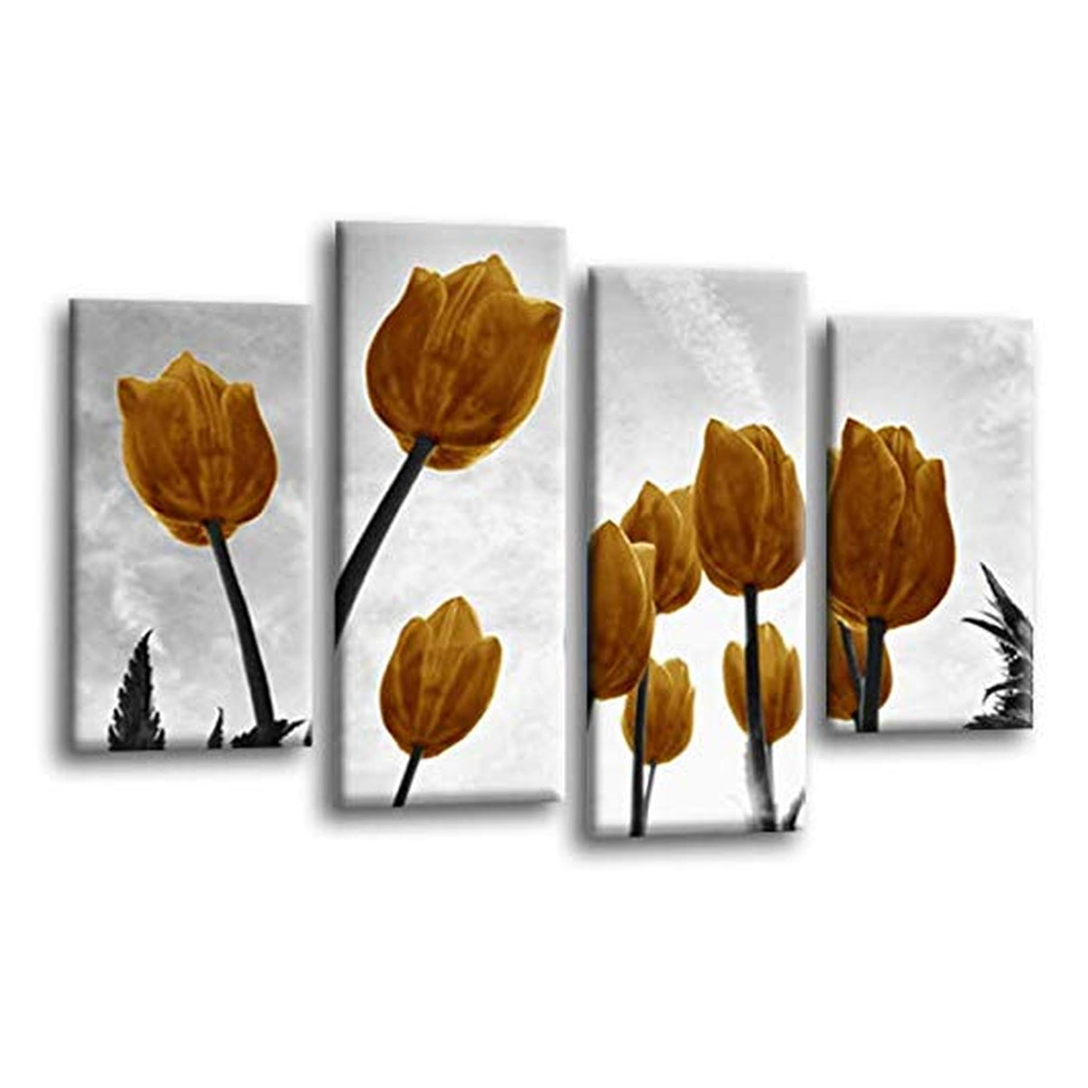 LR Floral Rose Tulip Wall Art Picture – Grey & Mustard Framed 4 Panel Split Canvas Print | Ready to Hang | Modern Wall Art for Living Room, Bedroom & Office