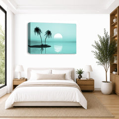 LR Sunset Beach Wall Art Picture – Duck Egg Seascape Framed Canvas Print | Ready to Hang | Modern Wall Art for Living Room, Bedroom & Office