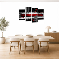 LR Abstract Squares Wall Art Picture – Red, Black & White Modern Framed 4 Panel Split Canvas Print | Ready to Hang | Modern Wall Art for Living Room, Bedroom & Office