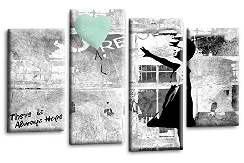 LR Banksy Heart Art Print Duck Egg Grey Balloon Girl Framed Canvas Split Wall Picture Ready to Hang