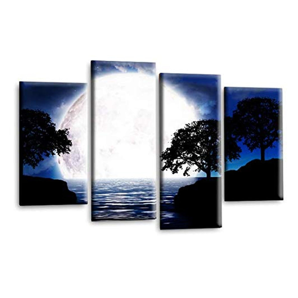 LR Landscape Wall Art Picture – Blue, Black & White Floral Framed 4 Panel Split Canvas Print | Ready to Hang | Modern Wall Art for Living Room, Bedroom & Office