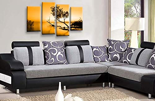 LR Sunset Landscape Lake Wall Art Picture Orange Brown Abstract Floral Framed Split Panel Canvas Print