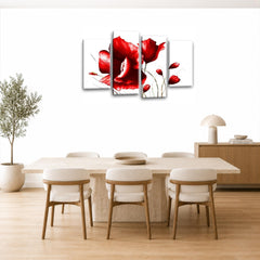 LR Floral Wall Art Picture – Red & White Framed 4 Panel Split Canvas Print | Ready to Hang | Modern Wall Art for Living Room, Bedroom & Office