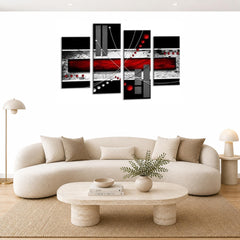 LR Abstract Wall Art Picture – Red, Black & White Modern Framed 4 Panel Split Canvas Print | Ready to Hang | Modern Wall Art for Living Room, Bedroom & Office