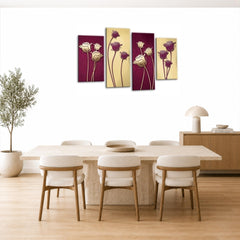 LR Floral Rose Wall Art Picture – Purple & Cream Framed 4 Panel Split Canvas Print | Ready to Hang | Modern Wall Art for Living Room, Bedroom & Office