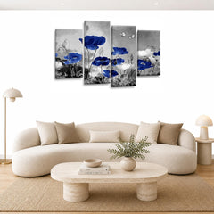 LR Floral Wall Art Picture – Grey & Blue Poppy Framed 4 Panel Split Canvas Print | Ready to Hang | Modern Wall Art for Living Room, Bedroom & Office