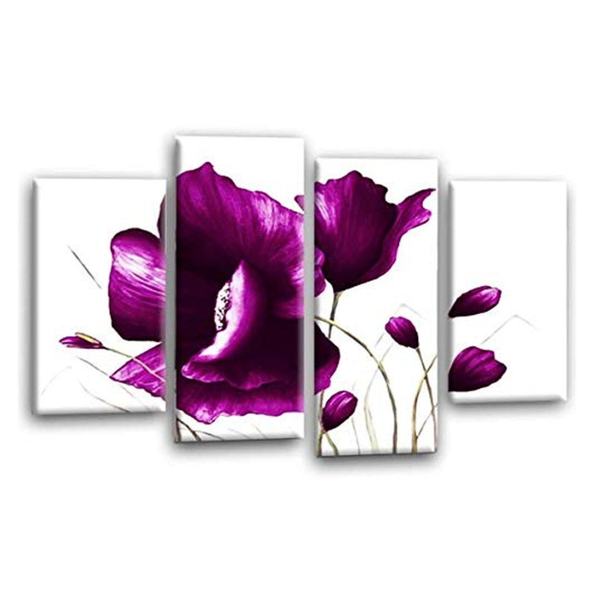 LR Floral Purple Rose Wall Art Picture – White Framed 4 Panel Split Canvas Print | Ready to Hang | Modern Wall Art for Living Room, Bedroom & Office