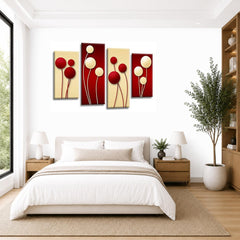 LR Floral Rose Wall Art Picture – Red & Cream Framed 4 Panel Split Canvas Print | Ready to Hang | Modern Wall Art for Living Room, Bedroom & Office