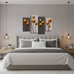 LR Orange Floral Rose Wall Art Picture – Grey Framed 4 Panel Split Canvas Print | Ready to Hang | Modern Wall Art for Living Room, Bedroom & Office