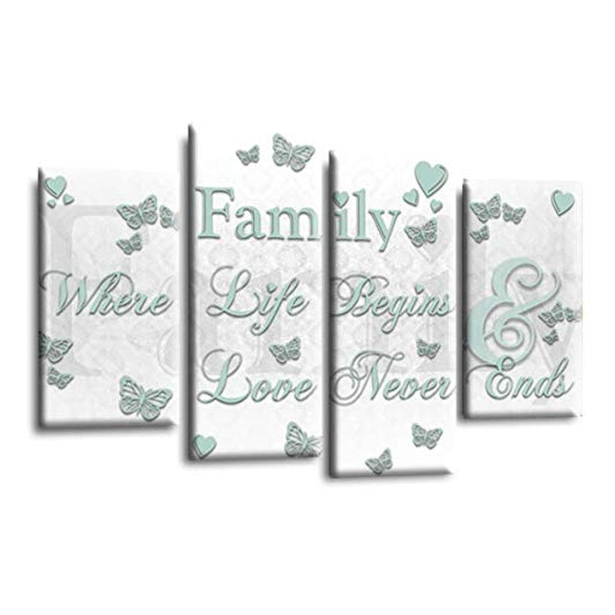 LR Family Love Quote Wall Art Picture – White & Duck Egg Framed 4 Panel Split Canvas Print | Ready to Hang | Modern Wall Art for Living Room, Bedroom & Office