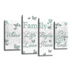 LR Family Love Quote Wall Art Picture – White & Duck Egg Framed 4 Panel Split Canvas Print | Ready to Hang | Modern Wall Art for Living Room, Bedroom & Office