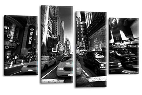LR New York Taxi Wall Art Picture – Black & White Skyline Framed 4 Panel Split Canvas Print | Ready to Hang | Modern Wall Art for Living Room, Bedroom & Office