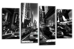 LR New York Taxi Wall Art Picture – Black & White Skyline Framed 4 Panel Split Canvas Print | Ready to Hang | Modern Wall Art for Living Room, Bedroom & Office
