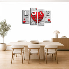 LR Red Love Heart Wall Art Picture – Grey & White Modern Abstract Framed 4 Panel Split Canvas Print | Ready to Hang | Modern Wall Art for Living Room, Bedroom & Office