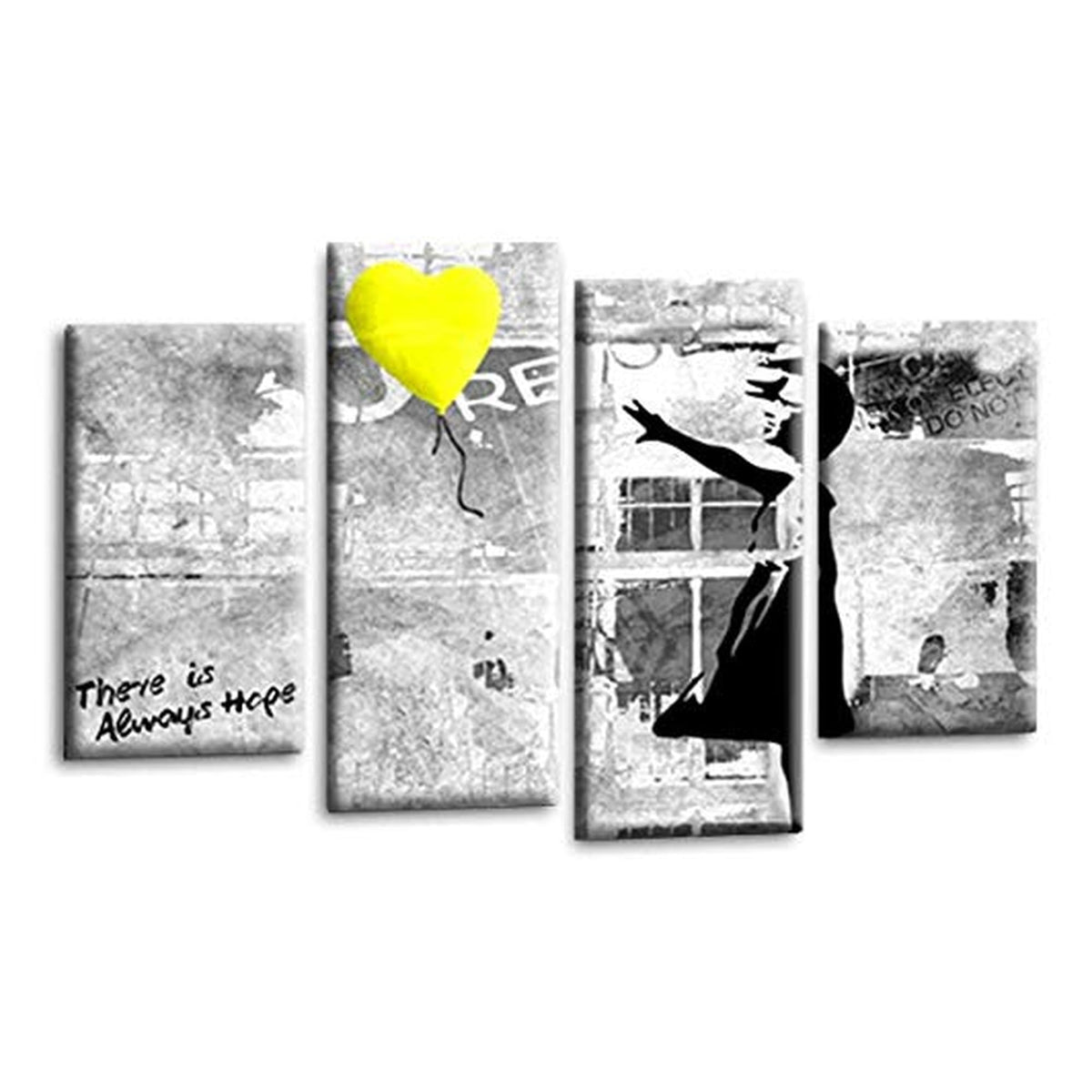 LR Banksy Heart Wall Art Picture – Grey & Yellow Graffiti Art Framed 4 Panel Split Canvas Print | Ready to Hang | Modern Wall Art for Living Room, Bedroom & Office