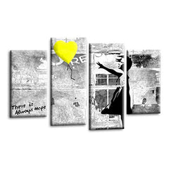 LR Banksy Heart Wall Art Picture – Grey & Yellow Graffiti Art Framed 4 Panel Split Canvas Print | Ready to Hang | Modern Wall Art for Living Room, Bedroom & Office