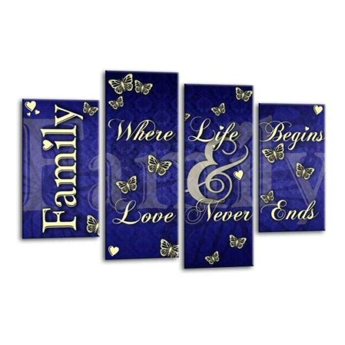 LR Family Love Quote Wall Art Picture – Blue & Cream Framed 4 Panel Split Canvas Print | Ready to Hang | Modern Wall Art for Living Room, Bedroom & Office