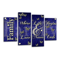 LR Family Love Quote Wall Art Picture – Blue & Cream Framed 4 Panel Split Canvas Print | Ready to Hang | Modern Wall Art for Living Room, Bedroom & Office