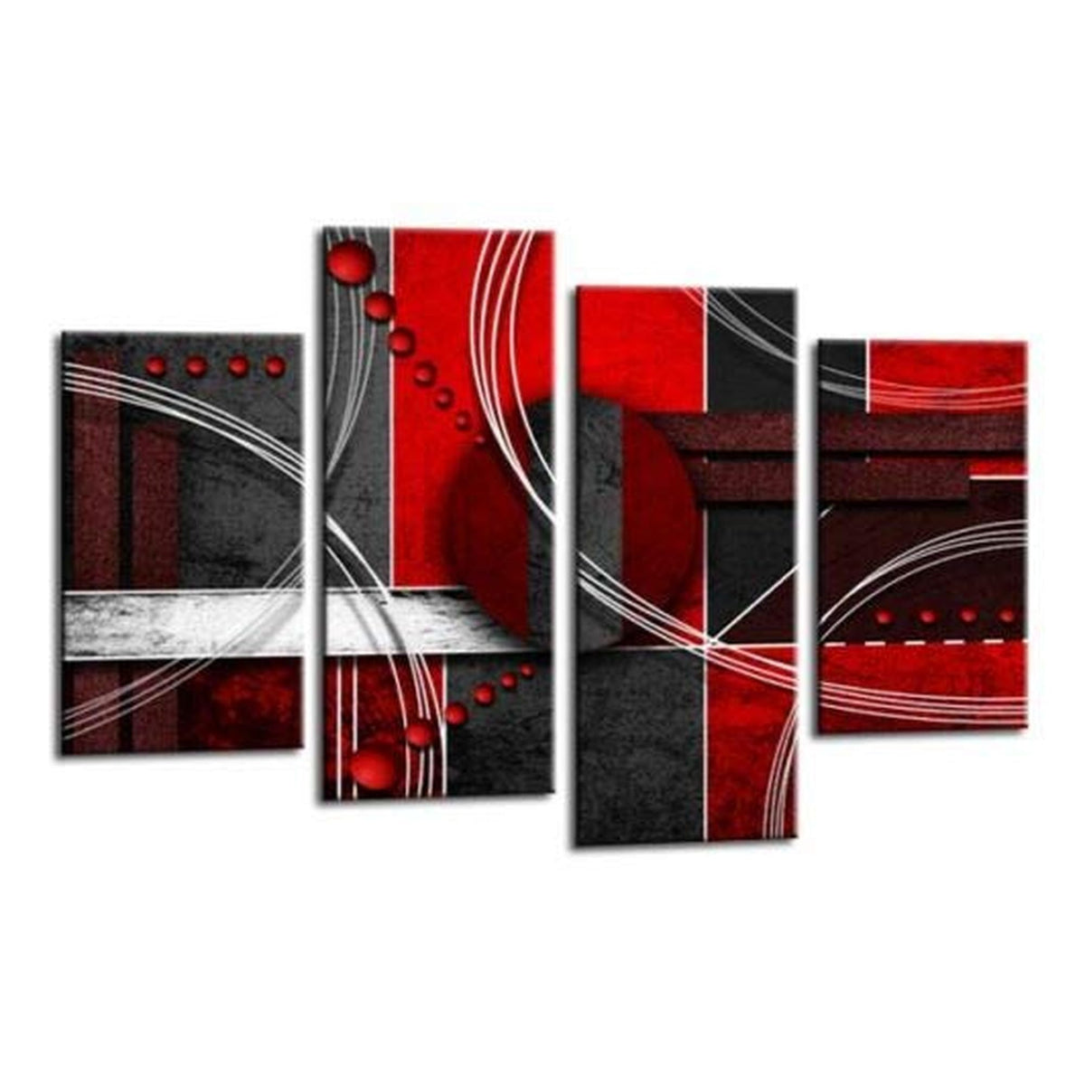 LR Abstract Wall Art Picture – Red, Black & White Modern Framed 4 Panel Split Canvas Print | Ready to Hang | Modern Wall Art for Living Room, Bedroom & Office