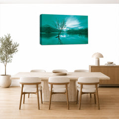 LR Landscape Sunset Wall Art Picture – Teal & Cream Seascape Framed Canvas Print | Ready to Hang | Modern Wall Art for Living Room, Bedroom & Office
