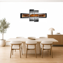 LR Abstract Wall Art Picture – Orange, Black & White Modern Framed 4 Panel Split Canvas Print | Ready to Hang | Modern Wall Art for Living Room, Bedroom & Office