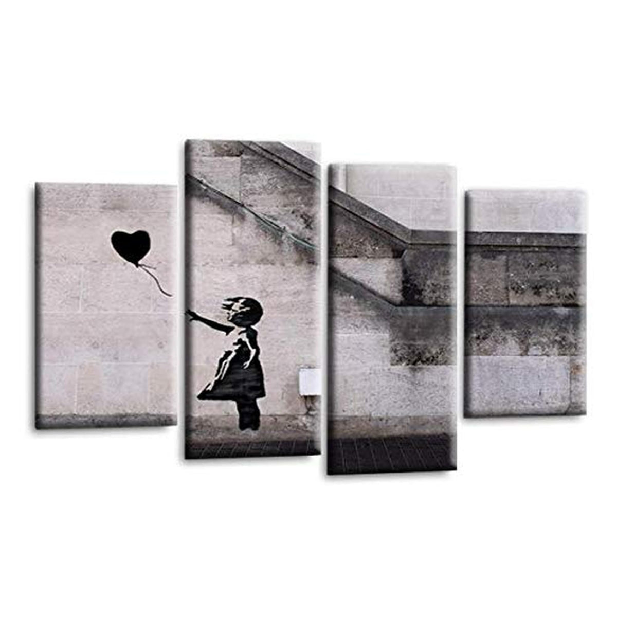 LR Banksy Heart Wall Art Picture – Grey & Black Graffiti Art Framed 4 Panel Split Canvas Print | Ready to Hang | Modern Wall Art for Living Room, Bedroom & Office