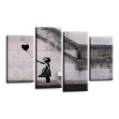 LR Banksy Heart Wall Art Picture – Grey & Black Graffiti Art Framed 4 Panel Split Canvas Print | Ready to Hang | Modern Wall Art for Living Room, Bedroom & Office